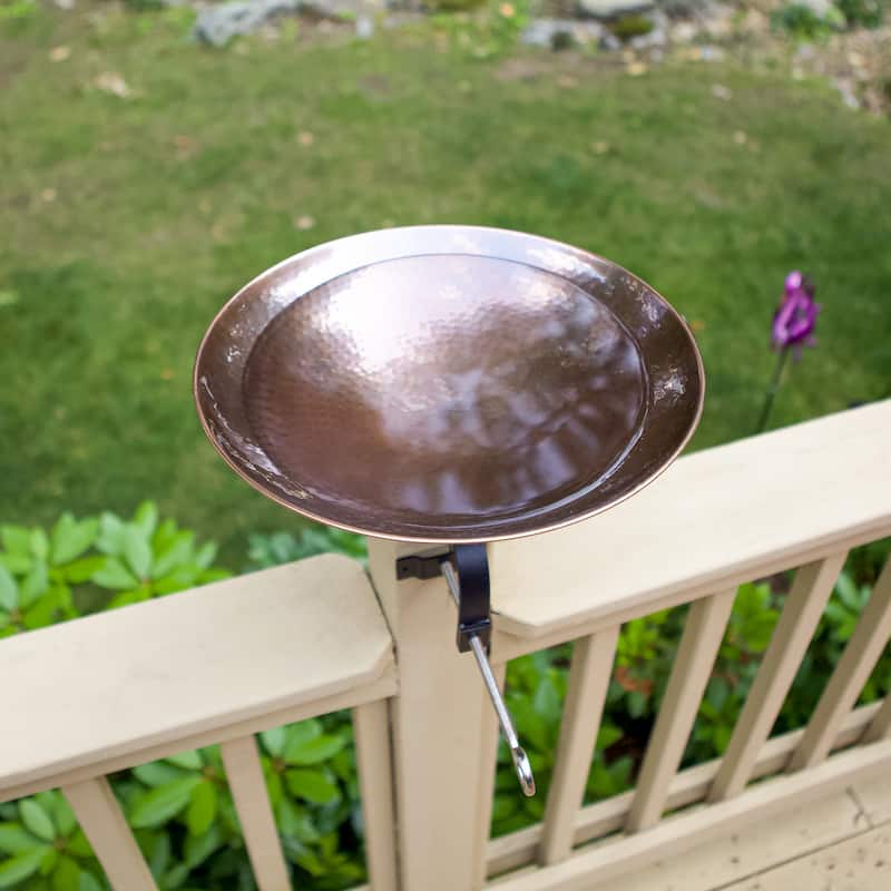 Achla Designs 15.75"L Round Burnt Copper Stainless Steel Birdbath w/ Wrought Iron Over Rail Bracket