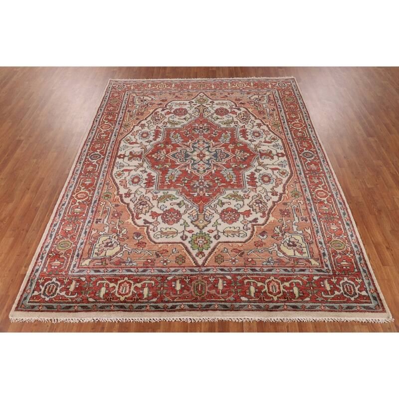Ivory & Orange Heriz Serapi Indian Area Rug Handmade Wool Carpet - 7'10"x 9'11"