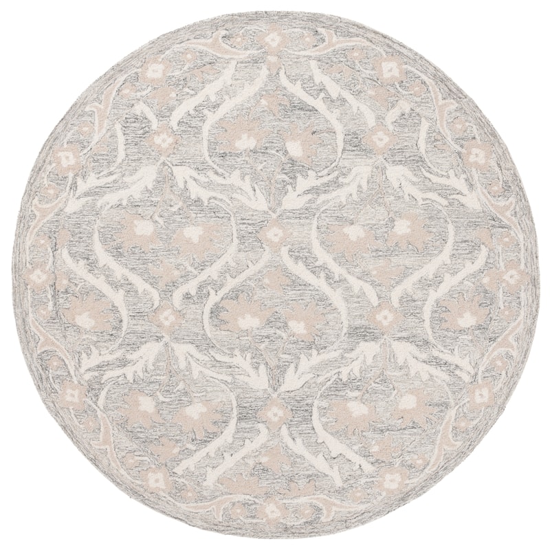 SAFAVIEH Handmade Blossom Luisete Ogee Wool Rug - 6' Round - Grey/Ivory