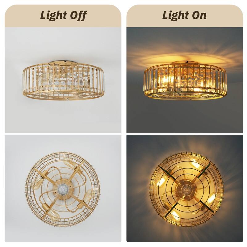 20 in. Indoor Gold Crystal Ceiling Fan with Light, Mid Century Gold Fandelier with Remote Control, 6 Speeds for Bedroom