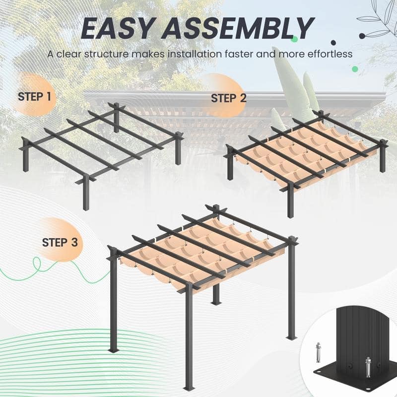 EROMMY 10' x 13' Outdoor Pergola with Retractable Canopy, Heavy-Duty Metal Frame and Adjustable Patio Shade Roof