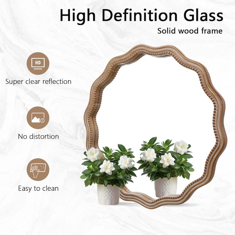 23.62" Wood Round Wavy Hanging Wall Mirror
