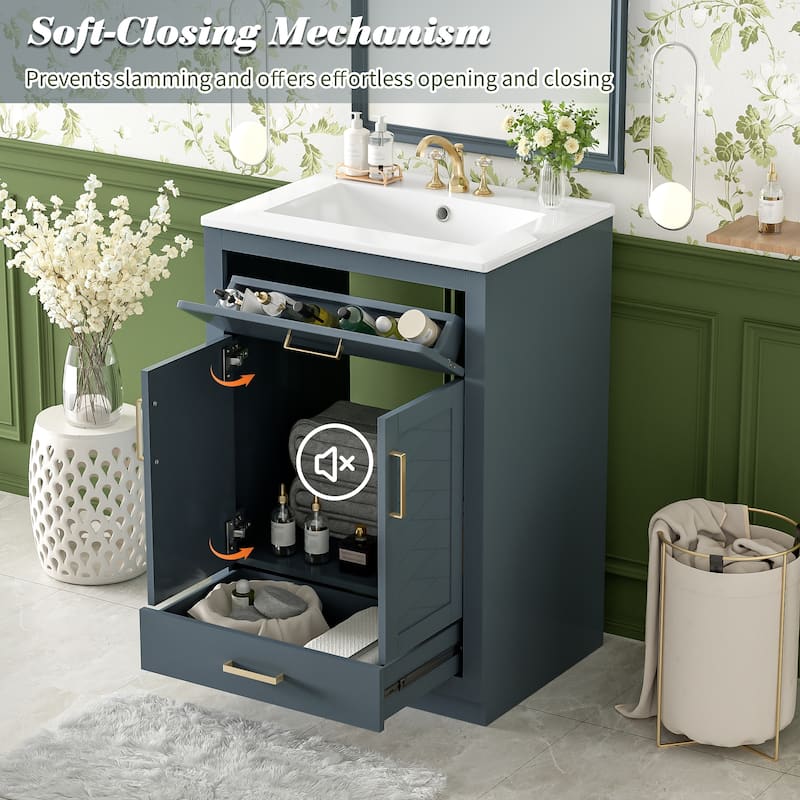 Floor Standing 24" Bathroom Vanity for Small and Medium Restroom, Integrated Ceramic Sink Bathroom Storage Cabinet