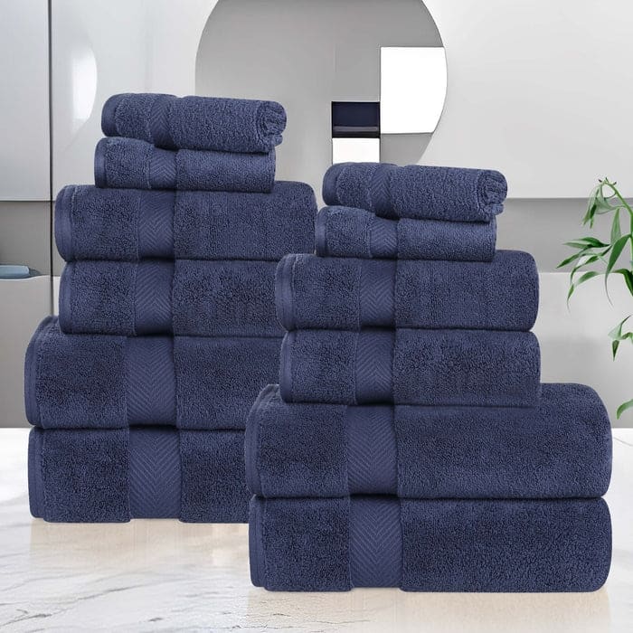 Superior Zero Twist Cotton Soft Absorbent 12 Piece Assorted Towel Set - Midnight Blue