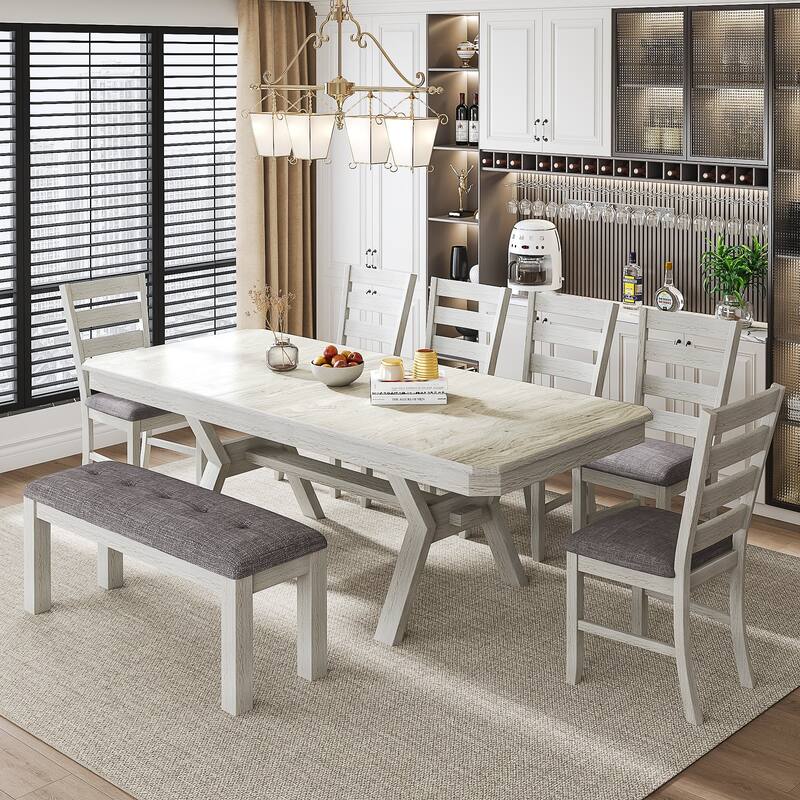 VECELO Dining Table Set with Bench, Solid Wood Rectangular Extendable Dining Table and Chairs Set for 6-8 - 8-Piece Sets