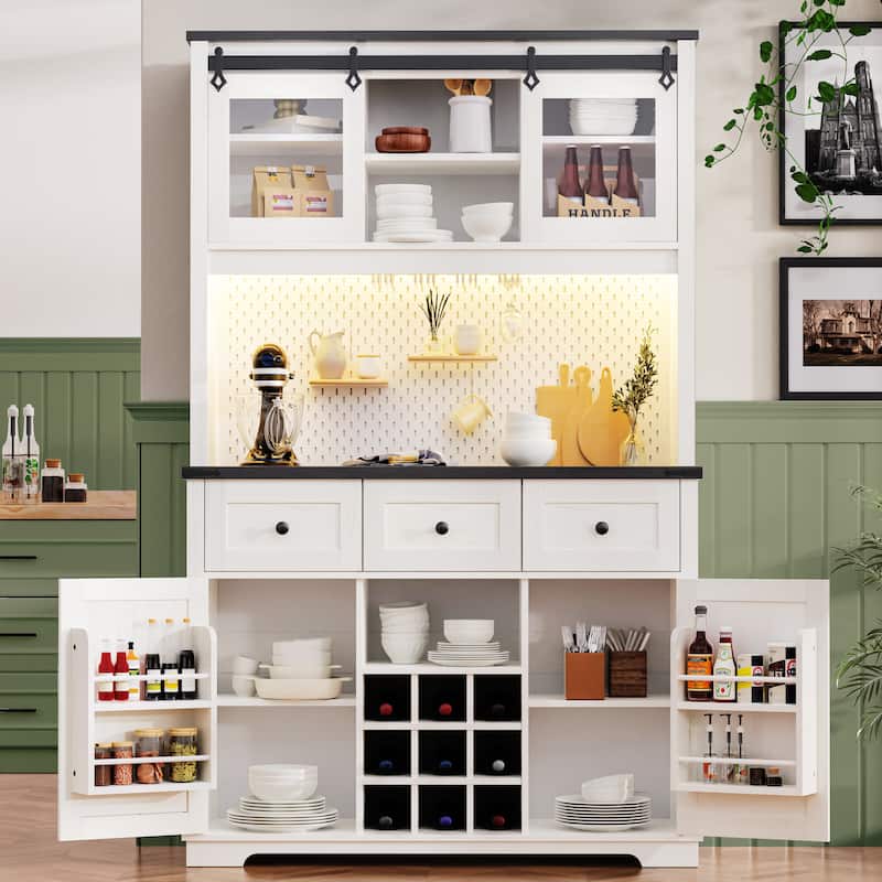 71" Farmhosue Pantry Bar Cabinet with Internal Storage Rack