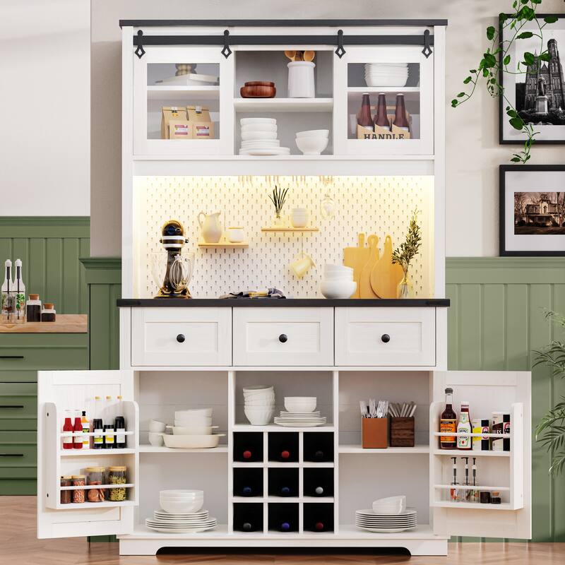71" Rustic Pantry Cabinet Bar Storage Cabinet with Hutch, Sliding Door, 3 Drawers, Wine & Glass Rack, Pegboard, Power Outlet