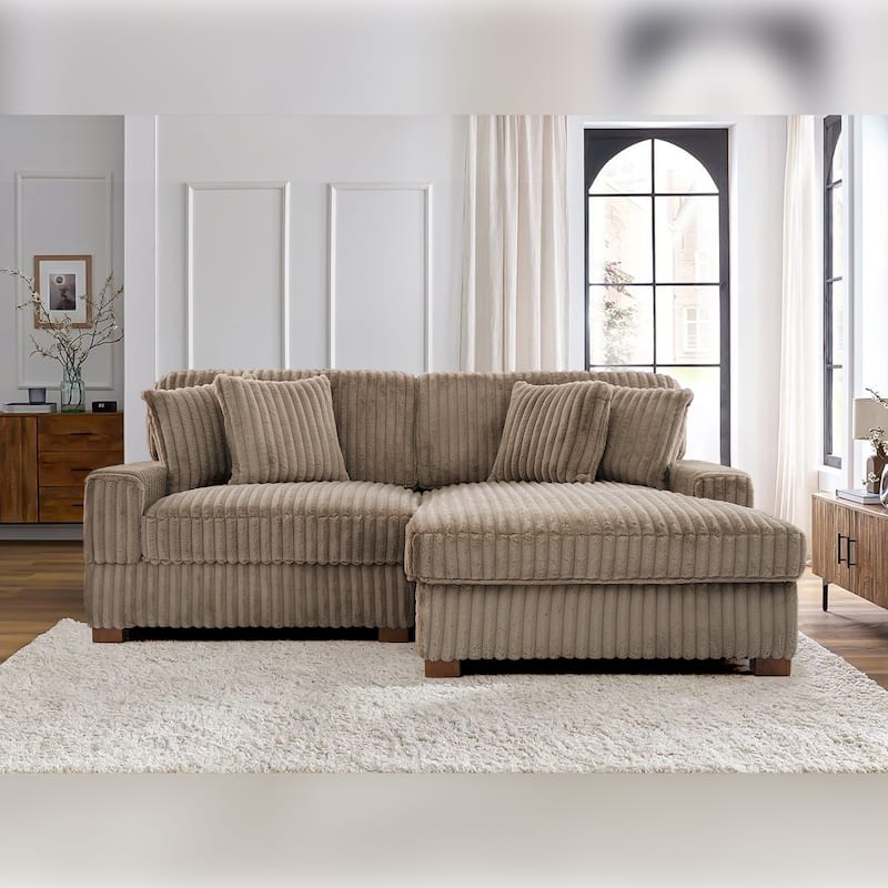 Anne 82" W Comfy Upholstered Plush Corduroy Modular Sectional Sofa - Light Brown - Right Facing