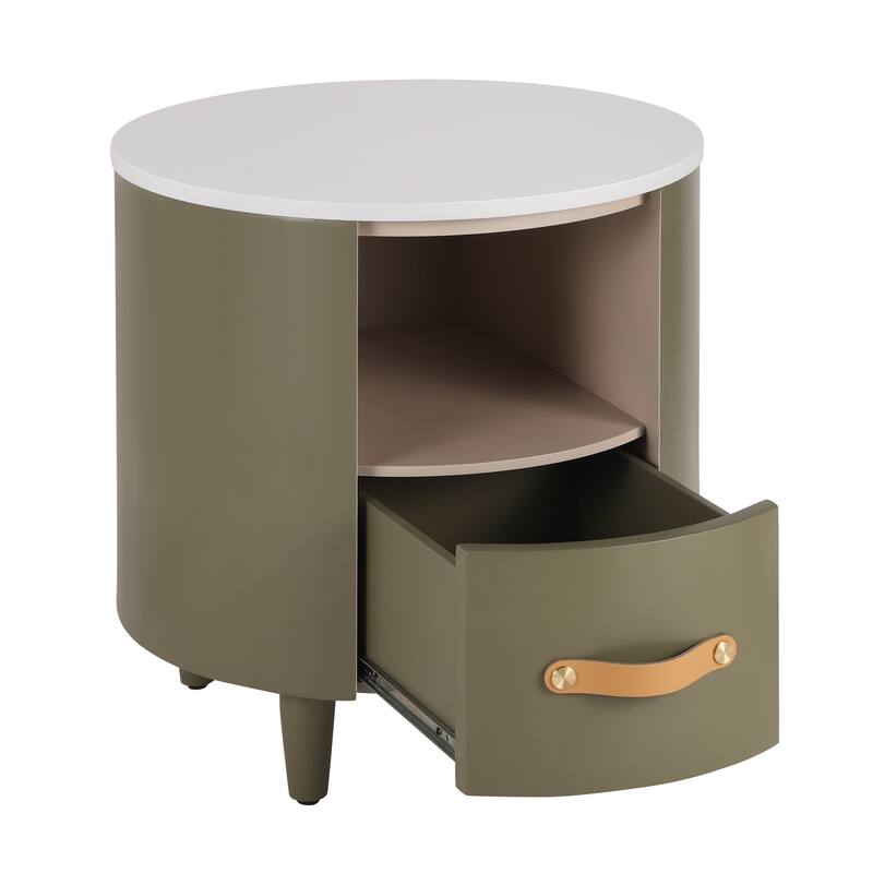 Contemporary Round Nightstand - Storage Drawer + Open Shelf, Curved Design Bedside/End Table (Easy Assembly, Green)