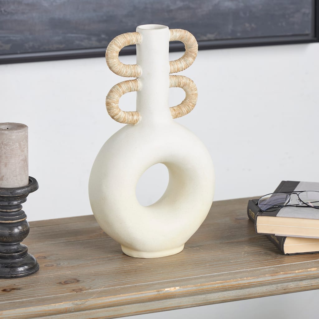 Cream Resin Round Speckled Vase with Woven Inspired Arched Handles and Cutout Opening