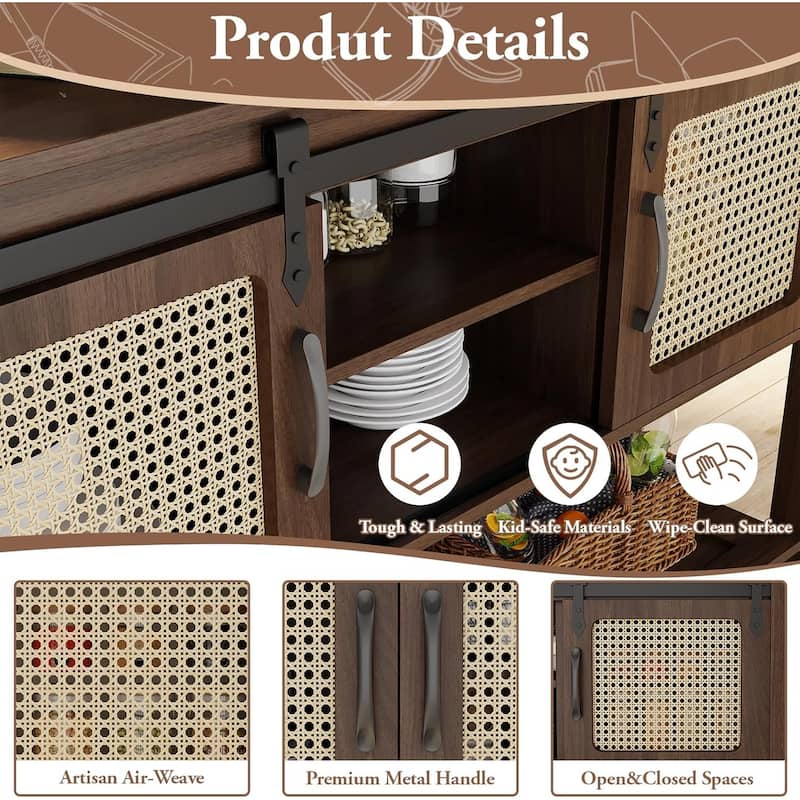 AECOJOY Buffet Cabinet, Coffee Bar Storage Cabinet, 46'' Coffee Bar Table with Rattan Sliding Barn Door, Adjustable Shelves