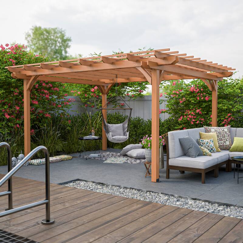 Wooden Pergola Gazebo - Brown Outdoor Structure for Garden, Deck & Climbing Plants - 168" L x 144" W x 88.44" H