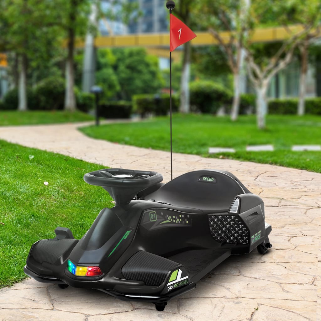 Stylish Go Kart with Flag, Drifting Car with Colorful Lights, 12V Ride on Electric Vehicle Toy for Kids with Music, Black