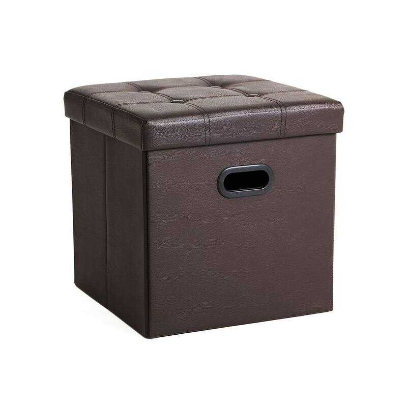 Faux Leather Folding Storage Ottoman Cube Foot Rest Stool Seat with Hole Handle - Brown - Brown