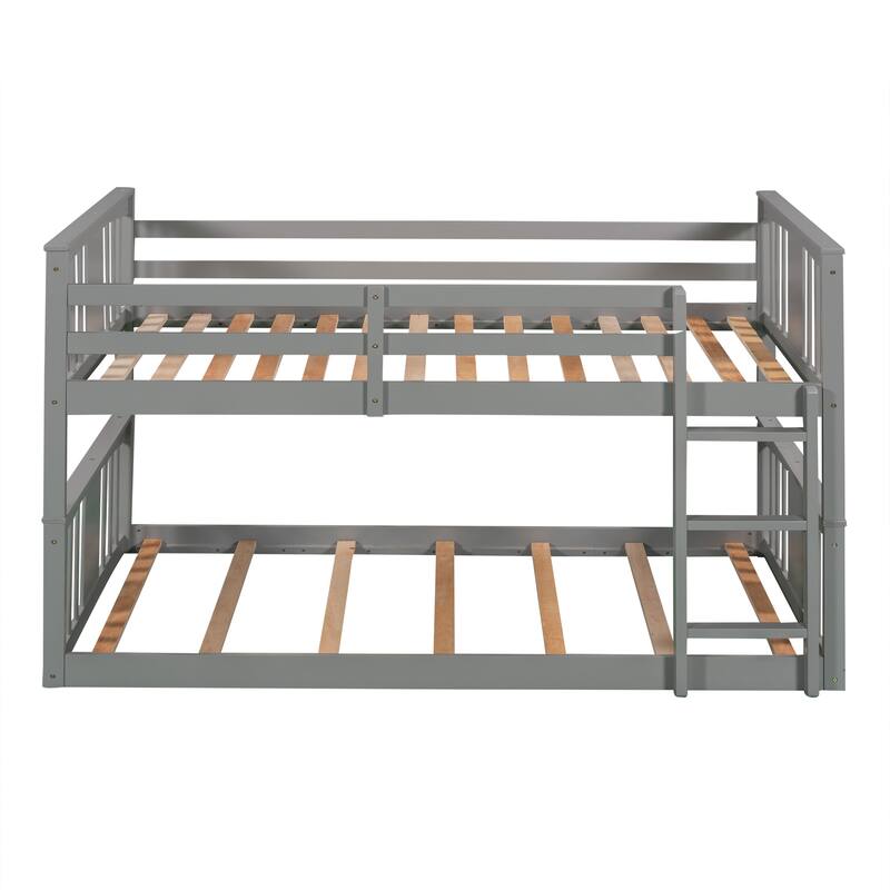 Twin Over Twin Bunk Bed with Ladder, Solid Wood Low Bunkbed Frame