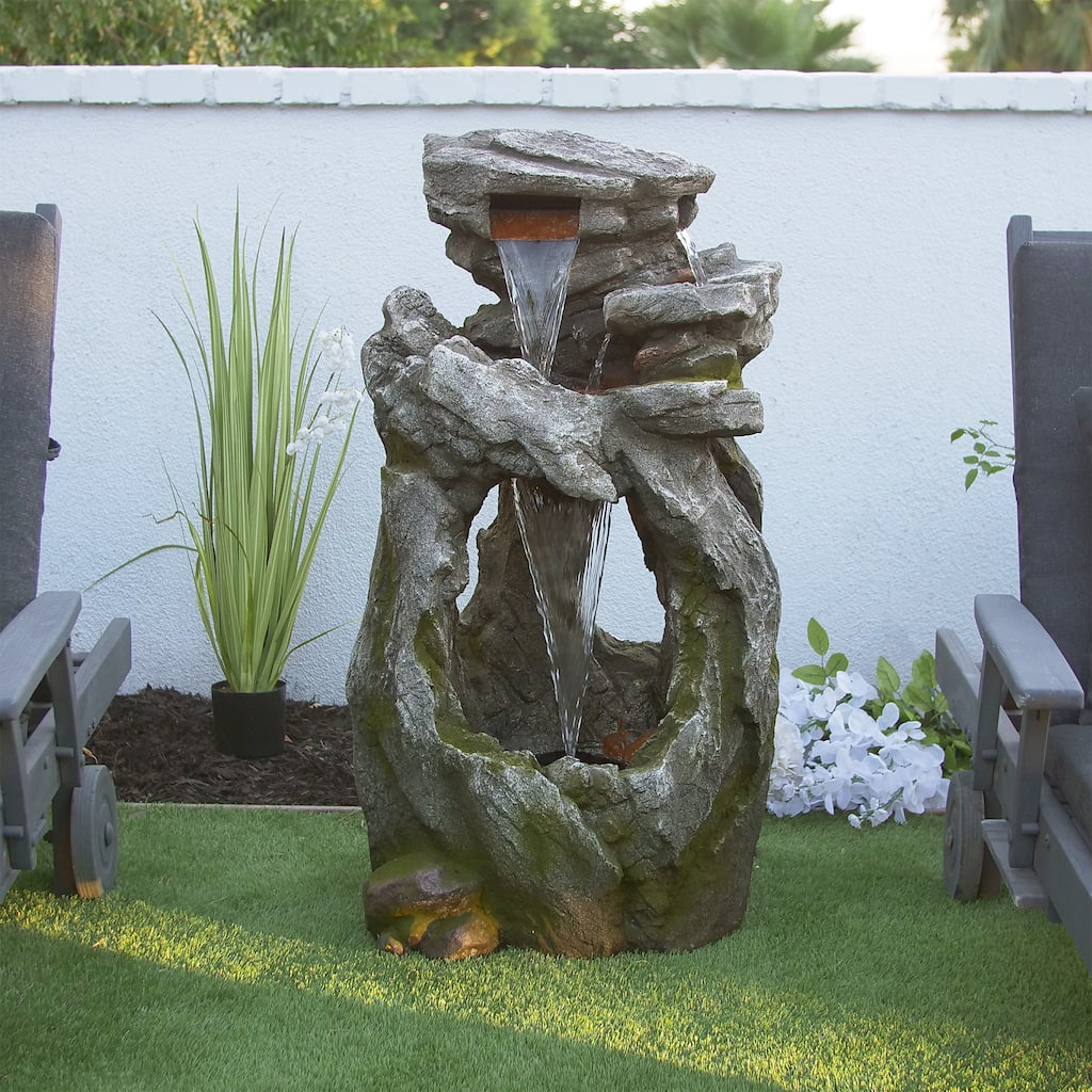 Alpine Corporation WIN1418 41" Outdoor Cascading Rainforest Rock Waterfall Fountain with LED Lights Natural Stone-Look