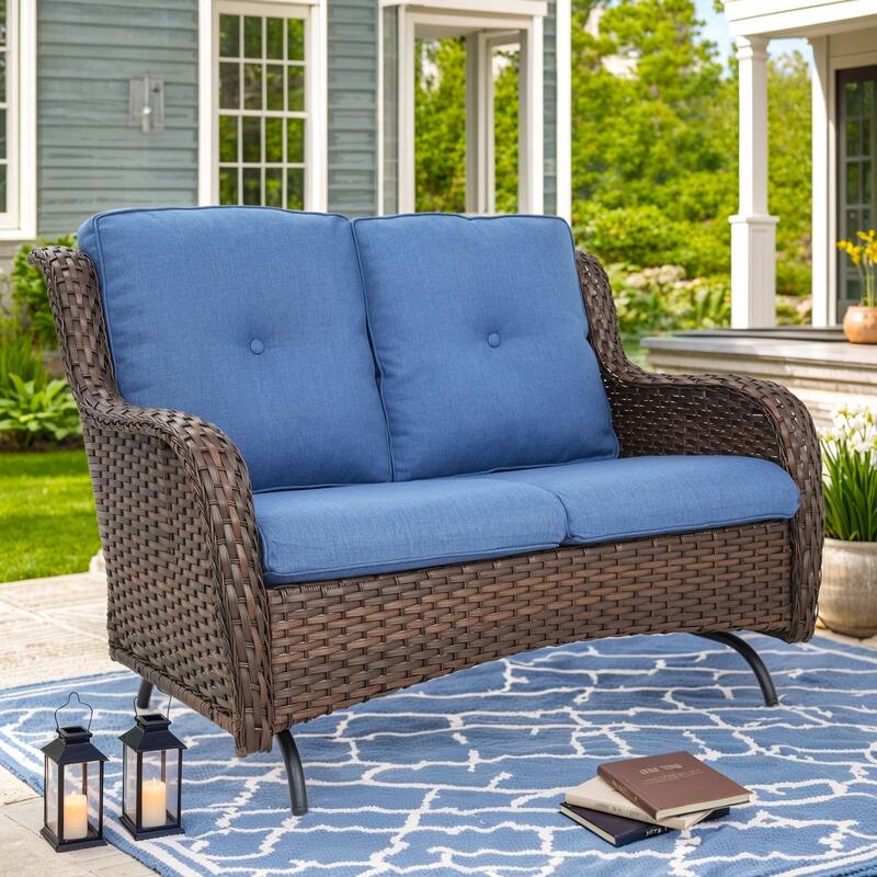 Outdoor Glider Sofa Funitre Set - Brown Rattan - Blue Cushion - Only Loveseat Sofa