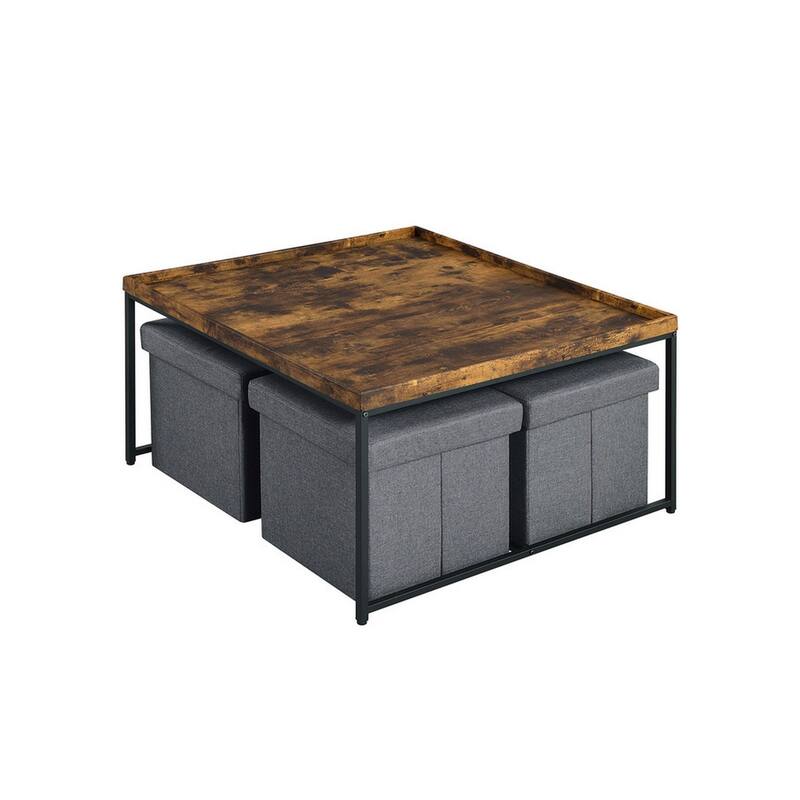 Veny 5 Piece Coffee Table Set, 4 Storage Nesting Ottoman, Brown, Black