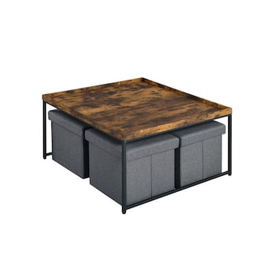 Veny 5 Piece Coffee Table Set, 4 Storage Nesting Ottoman, Brown, Black