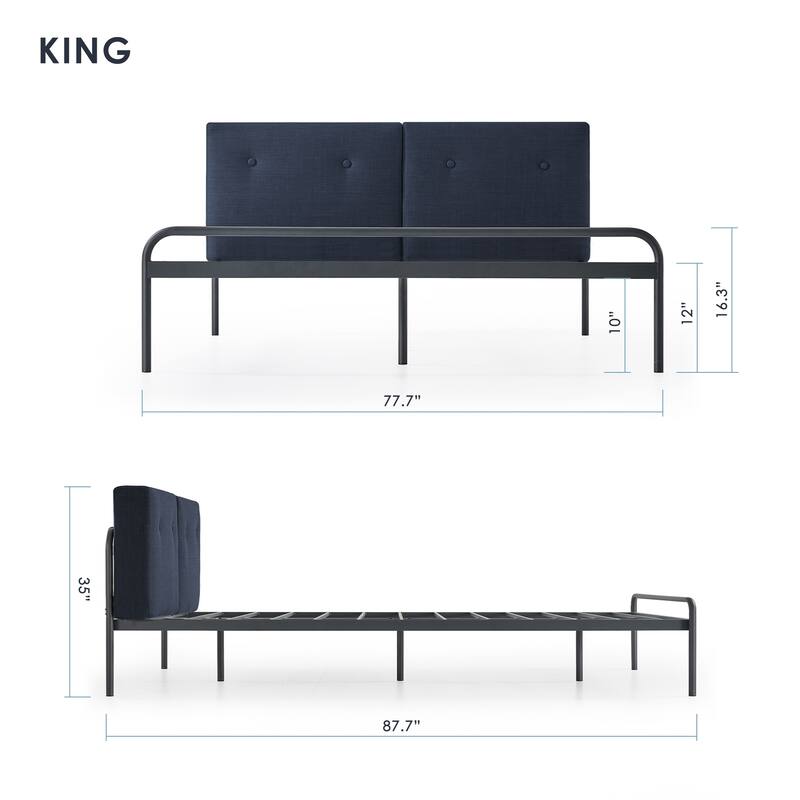 Maggie Navy Metal Platform Bed with Upholstered Cushioned Headboard By Crown Comfort