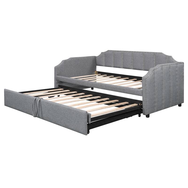 Twin Upholstered Daybed with Pop-Up Trundle, USB Charging Ports, Convertible Sofa Bed