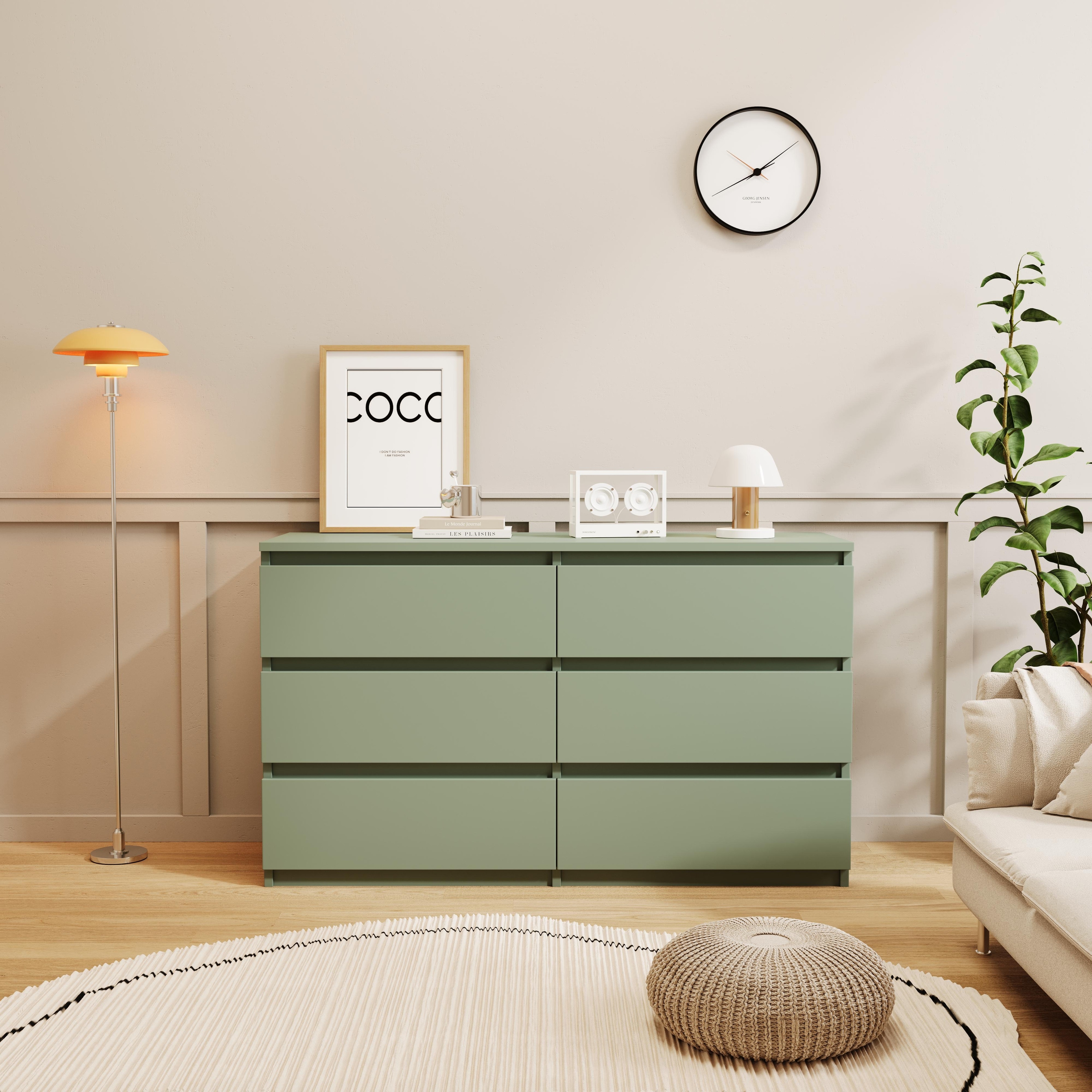 Country-Style 6-Drawer Dresser Table Storage Cabinet with Handles, for Guest Rooms and Children's Rooms, Green