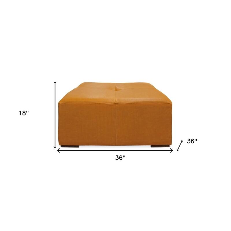 HomeRoots 36" Orange Genuine Leather And Solid Wood Square Cocktail Table - 36' X '18' X '36
