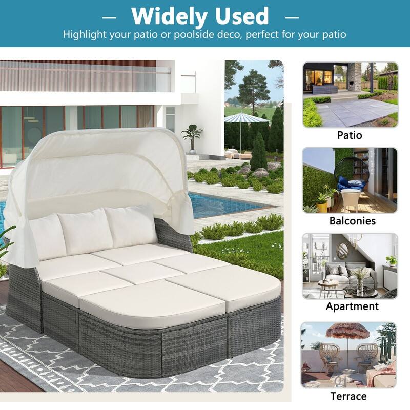 6Piece Outdoor Patio Furniture Set Daybed Sunbed with Retractable