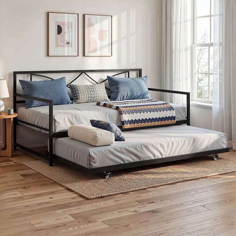 Moasis Twin Daybed with Pull Out Trundle, Metal Trundle Bed