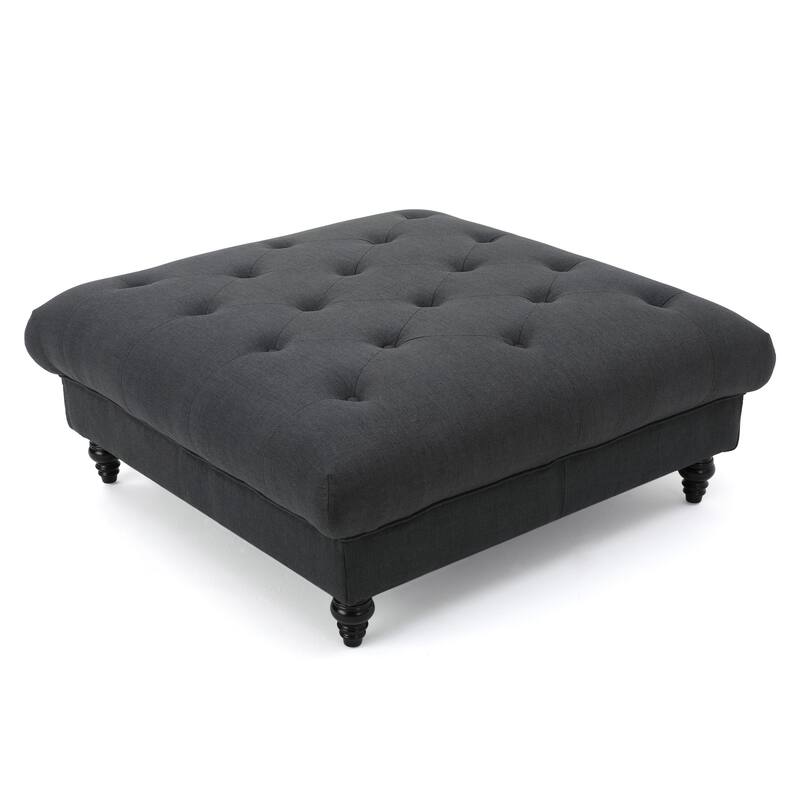 Capri Ottoman, Tufted Dark Gray Fabric, Birch Wood, Square 41 Inch
