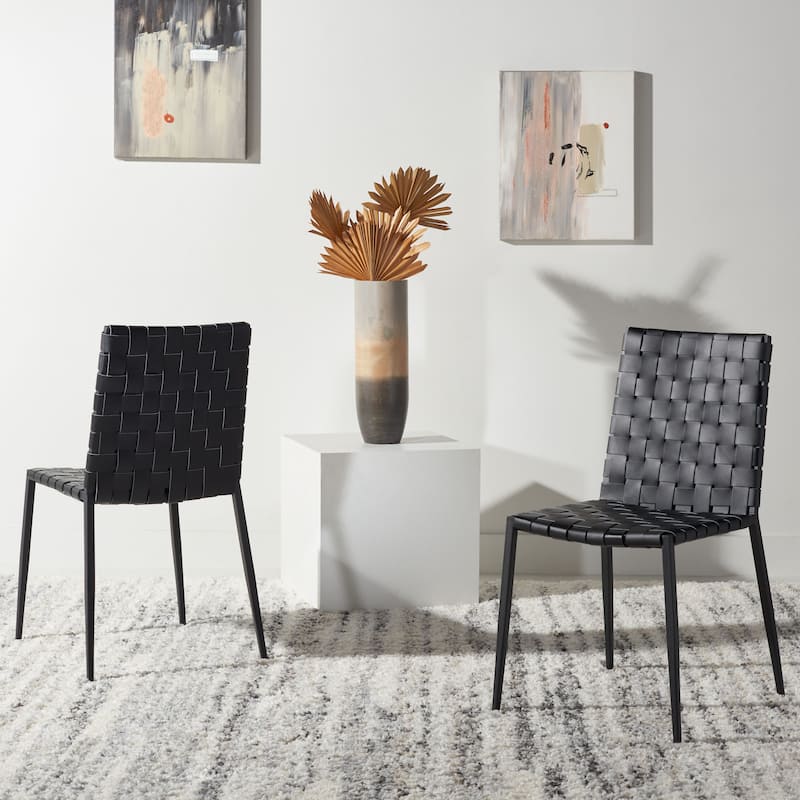 SAFAVIEH Monnie Woven Leather Dining Chair (Set of 2) - 15.8" W x 19.8" L x 33.5" H - 16Wx20Dx34H - Black/Black