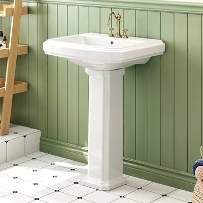 HOROW 23" x 19" Rectangular Bathroom Pedestal Sink, Combo with 3 Faucet Holes for 4" Faucet Centers and Overflow