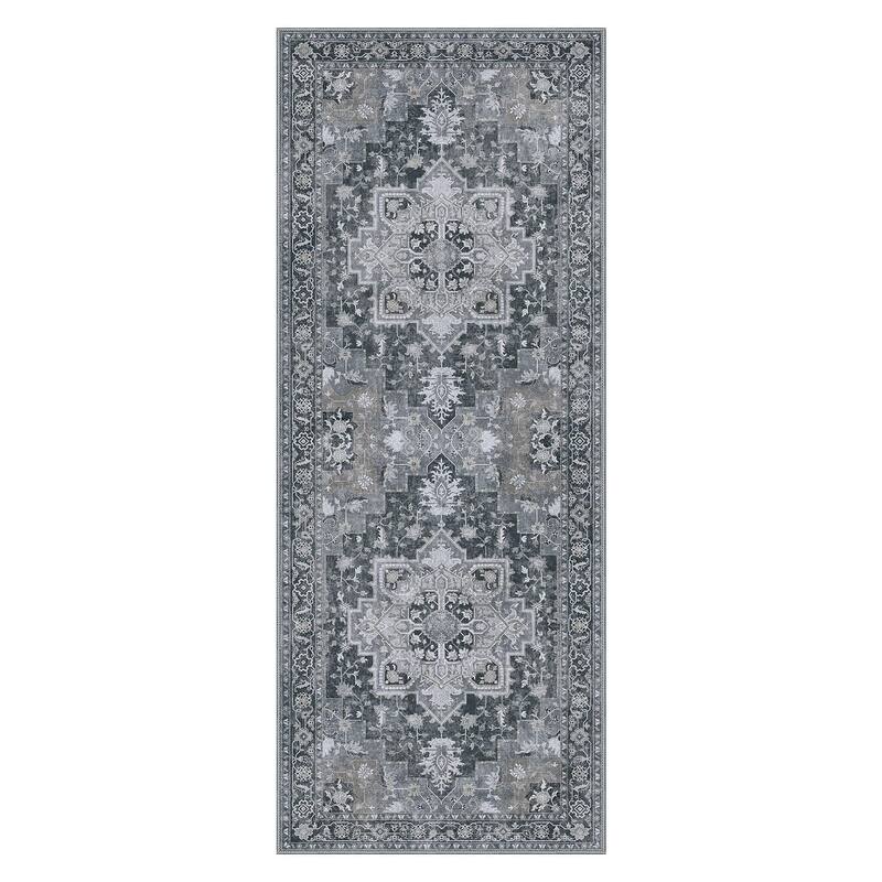 Mcow Grey Floral Low Pile Machine Washable Non-Slip Area Rug