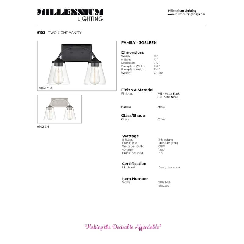 Millennium Lighting Josleen Vanity Fixture in Matte Black Finish
