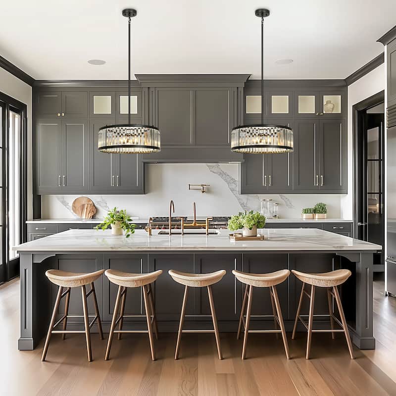 Modern 6-Light Black Crystal Drum Chandelier for Dining Room Kitchen Island - D 23.6" x H 72.9" Max