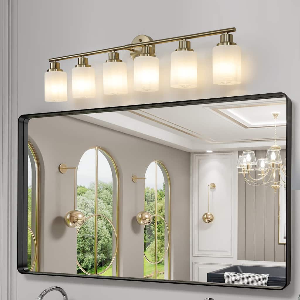 39" Modern 6-Light Vanity Wall Sconce, Golden Finish with Frosted Glass Shades for Bathroom or Hallway Lighting (No Bulbs)