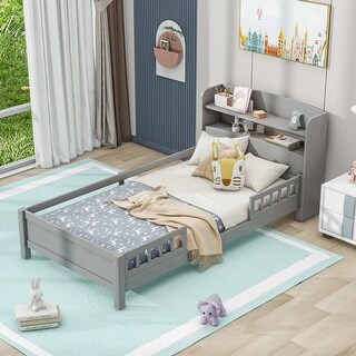 Wood Twin Platform Bed with LED Light, Storage, Guardrail - Classic Style