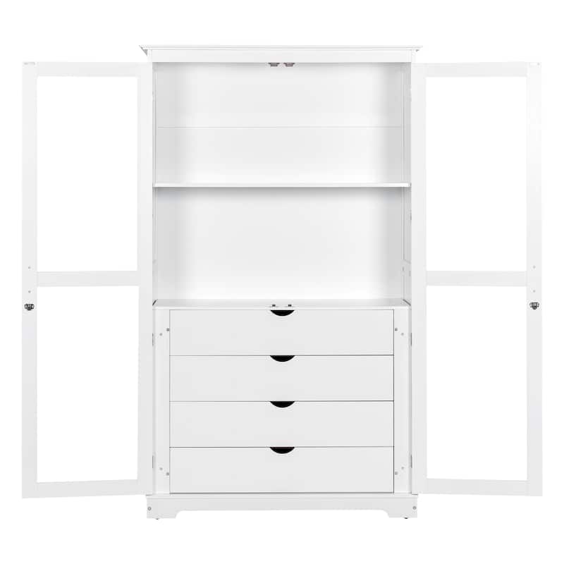 Pantry Cabinet with Glass Door, 2 Shelves & 4 Built-in Drawers, Kitchen Pantry Storage Cabinet, Freestanding Kitchen Cupboard