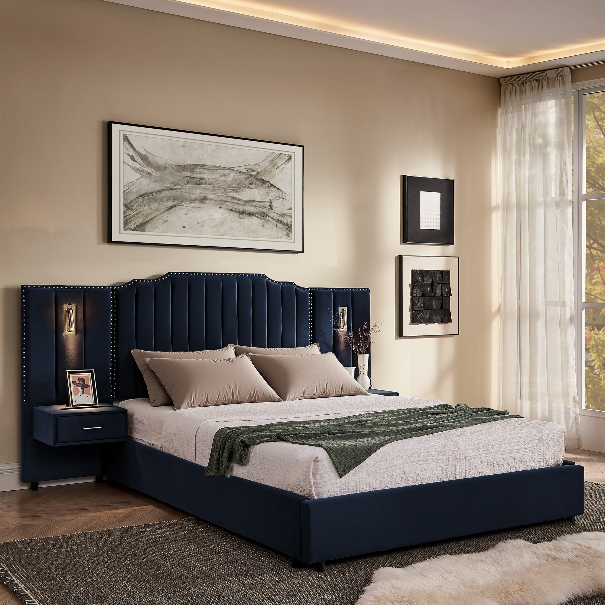 Queen Size Upholstered Bed Frame with Velvet Fabric, Vertical Stripe Design with Buttons Around Platform Bed with Headboard