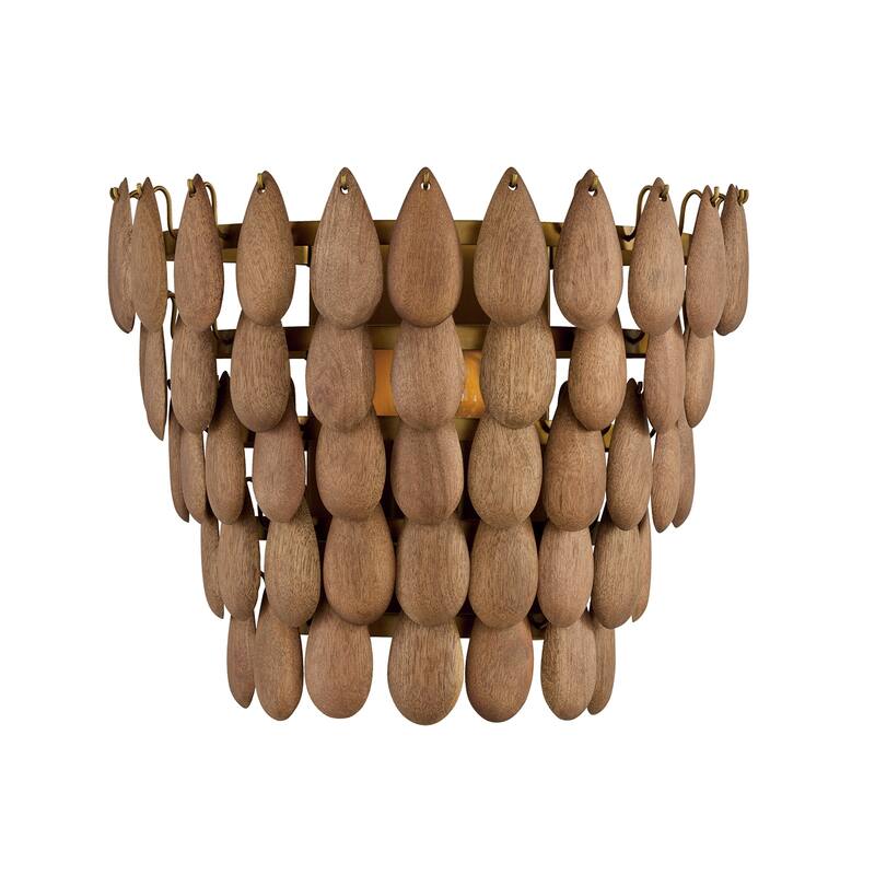 11.5" H x 13.5" W 1-Light Flush Mount Sconce in Hand-distressed Patinaed Brass and Handcrafted Mango Wood - 13.75"W x 12"H x 8"E - 13.75"W x 12"H x 8"E - Light Wood and Patinaed Brass