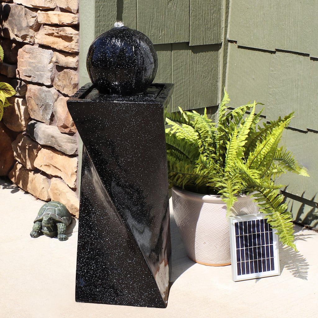 Sunnydaze Black Ball Solar Powered Fountain with Battery Backup and LED Lights - 30"