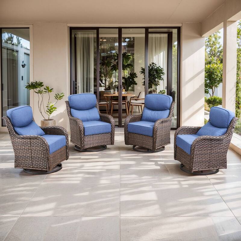 Gymojoy 4-Piece Patio Swivel Glider Chair Set, 6-Inch Ultra-Plush Cushions & Water-Resistant Olefin Fabric - Brown Wicker / Blue Cusion - 4-Piece