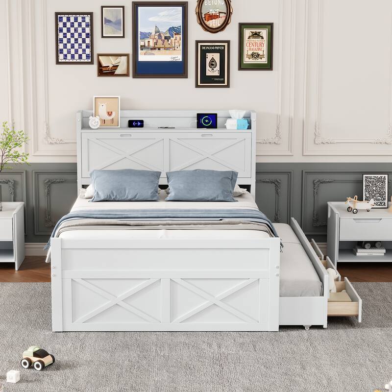 Full Size Wooden Storage Bed with Headboard Outlets, Extendable Trundle and Three Drawers, White