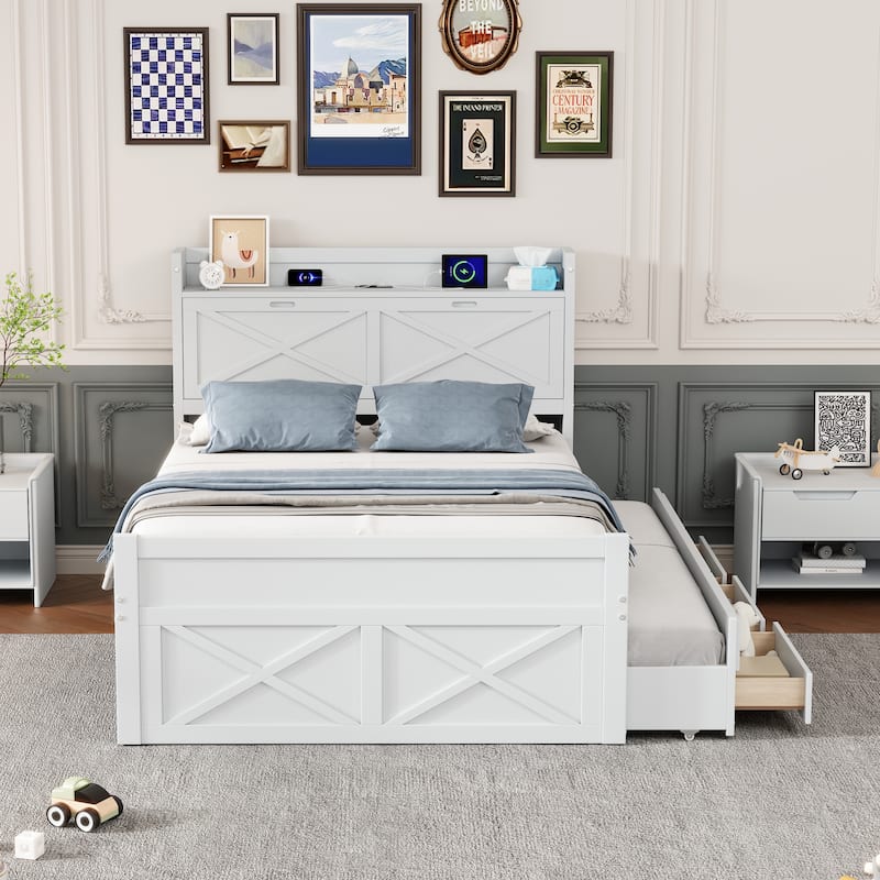 White Full Size Extendable Wooden Platform Bed with Storage Headboard, Three Drawers, and Trundle