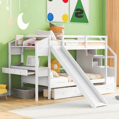 Twin over Twin Bunk Bed with Storage Staircase, Slide, Drawers, Desk, and Shelves