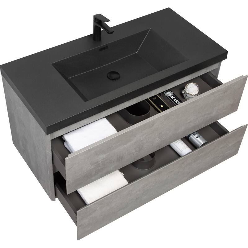 36" Wall-Mounted Floating Vanity with Premium Quartz Sand Basin, Grey Modern Storage Cabinet