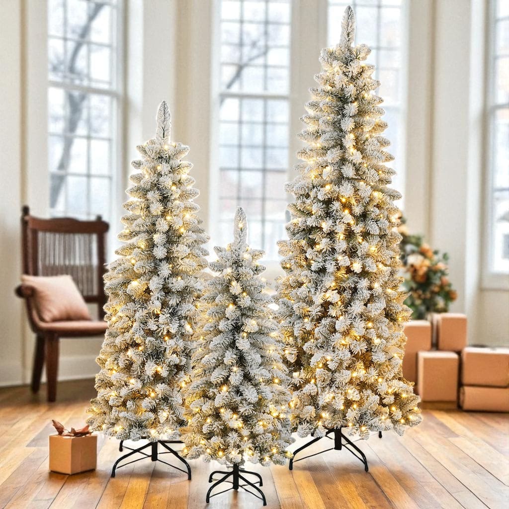 3-Piece Flocked Christmas Tree Set with Lights, 4FT 5FT 6FT Artificial Snow Trees, Pre-Lit Holiday Decor