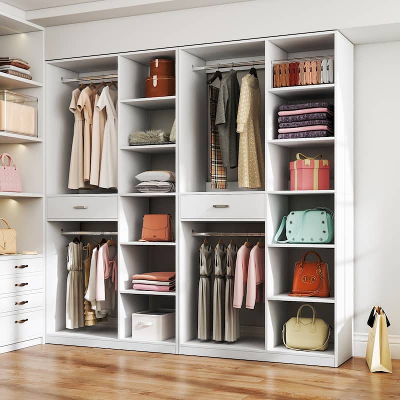 White Freestanding Closet Wardrobe with Open Shelves, Multi-Functional Wardrobe Rack with 2 Hanging Rods