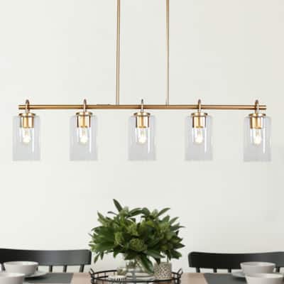 Modern Bronze Gold Linear Island Chandelier Farmhouse Dining Pendant with Cylinder Glass - 41.1"W x 4.3"D x 22.9"-72.9"H