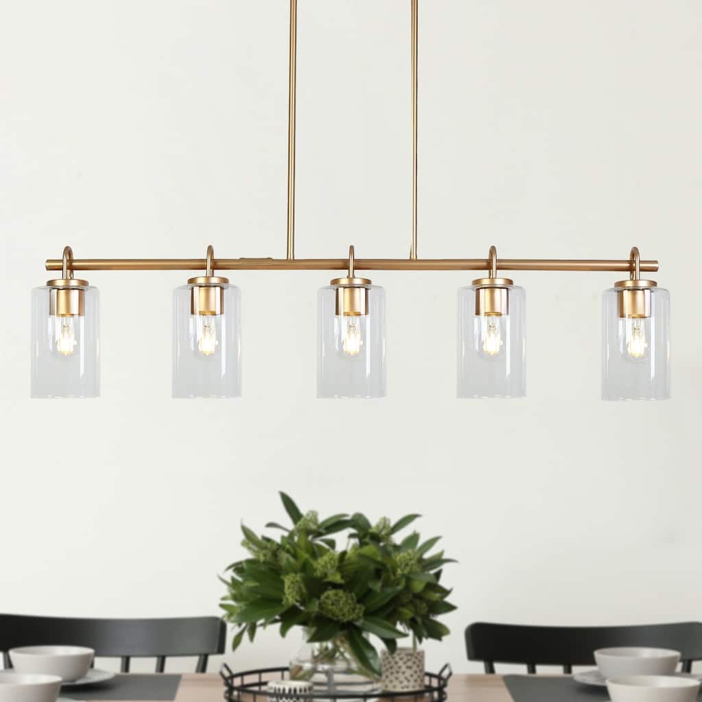 Modern Bronze Gold Linear Island Chandelier Farmhouse Dining Pendant with Cylinder Glass - 41.1"W x 4.3"D x 22.9"-72.9"H